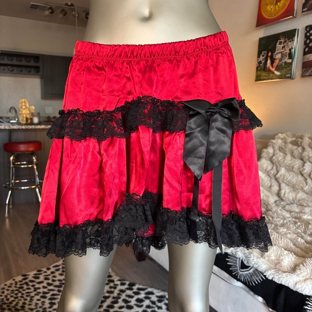 Y2K Red Satin Lace Ruffle Mini Skirt Bow Coquette🎋